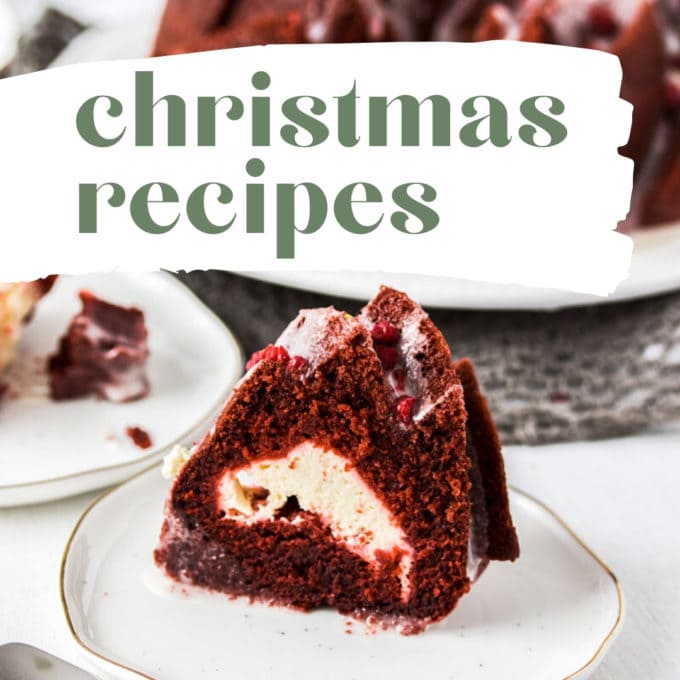 A slice of red velvet cake on a white plate with text saying Christmas recipes