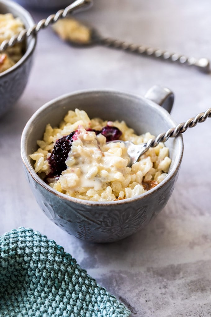 A grey bowl filled with rice pudding and blackberry compote.