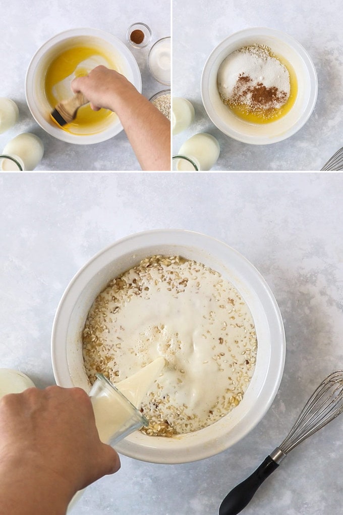 A collage of 3 photos showing how to make rice pudding.