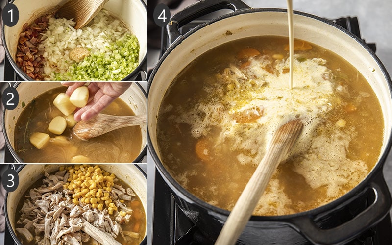 A collage of photos showing the steps of making chowder.