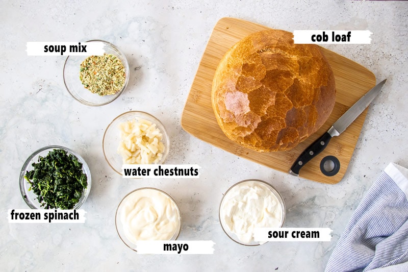 An image of labled ingredients for a cob loaf dip recipe.