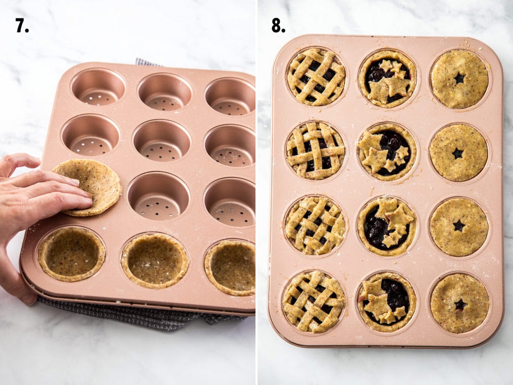 Two side by side images showing the process of assembling min blueberry pies in a pink 12 hole muffin tin