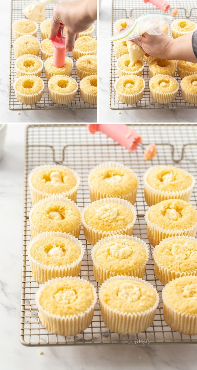A collage of images showing the steps to filling a cupcake with pastry cream