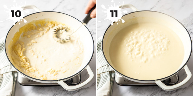 A white pan with milk being stirred into a roux to make bechamel sauce