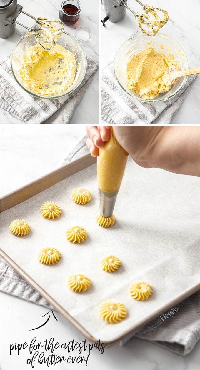 A 3 image collage showing whipping butter, then piping it into star shapes