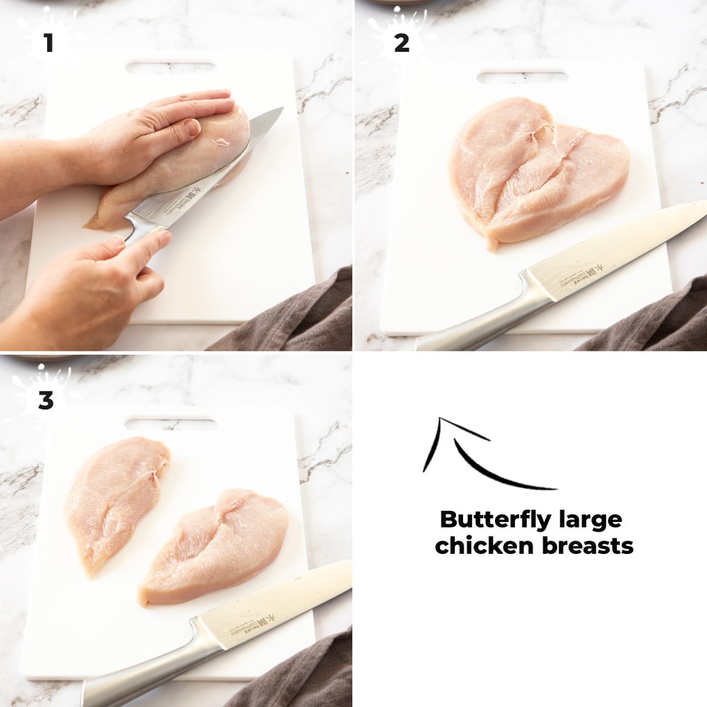 3 images showing the steps to butterfly the chicken.