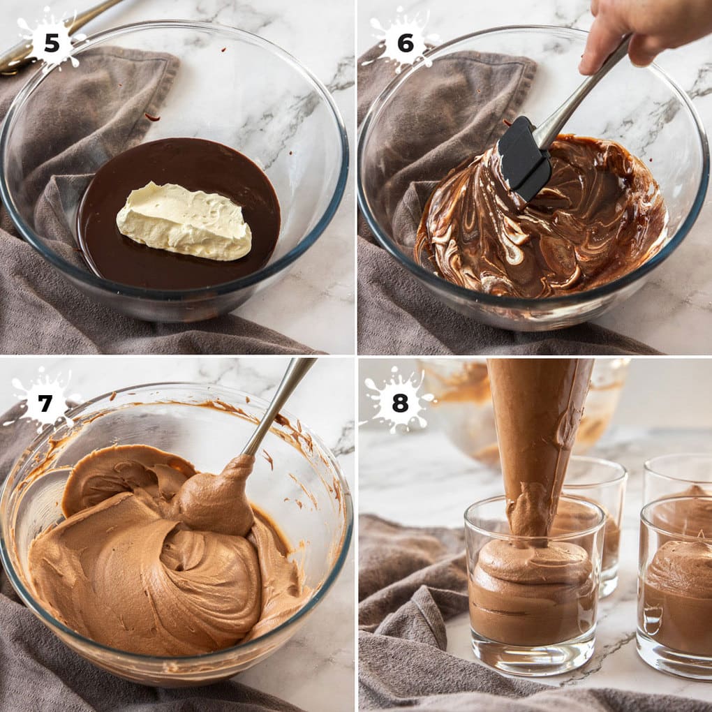 Images showing folding cream into ganache then piping mousse into glasses
