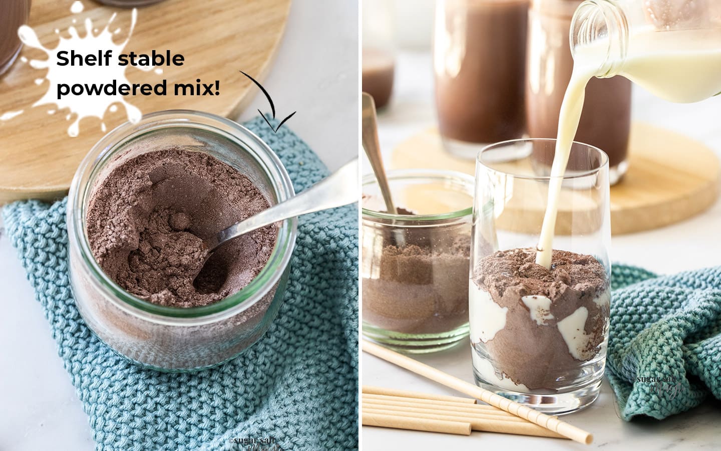 Two images showing chocolate milk powder and adding milk to it