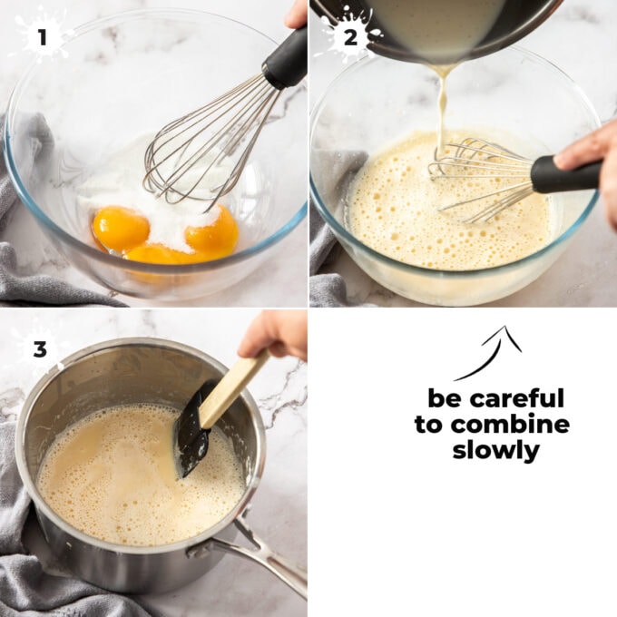 3 images - whisking egg yolks & sugar, then adding hot milk and heating in a saucepan.