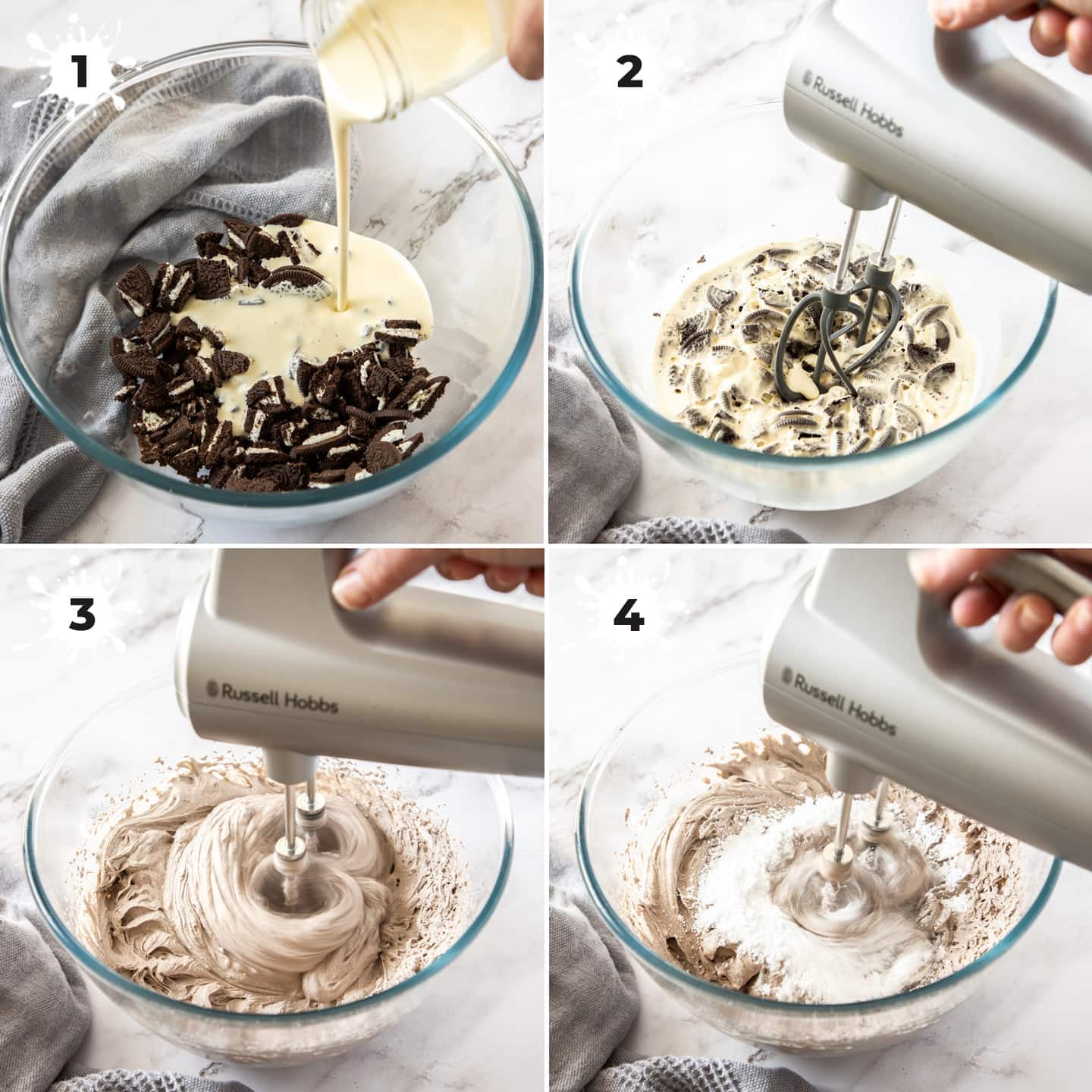 4 images showing mixing cream and oreos in a bowl