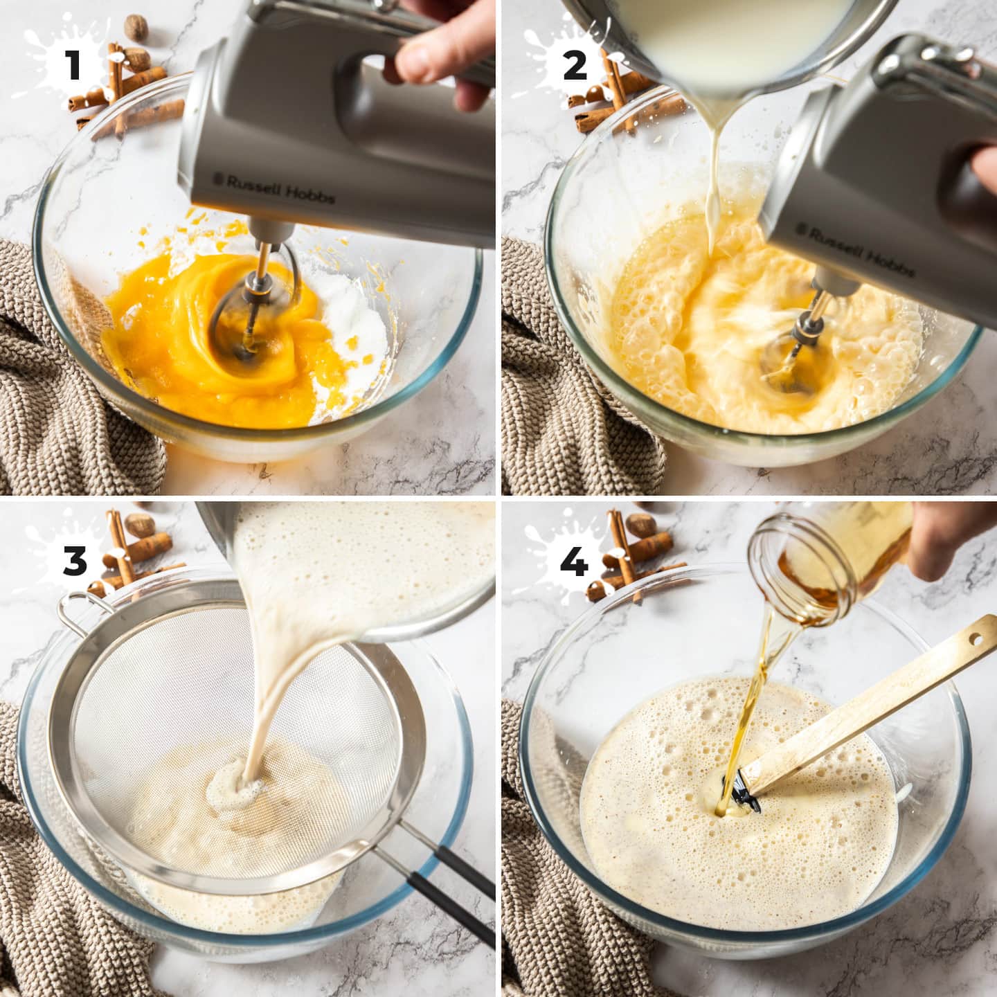 4 images showing the various stage of making eggnog