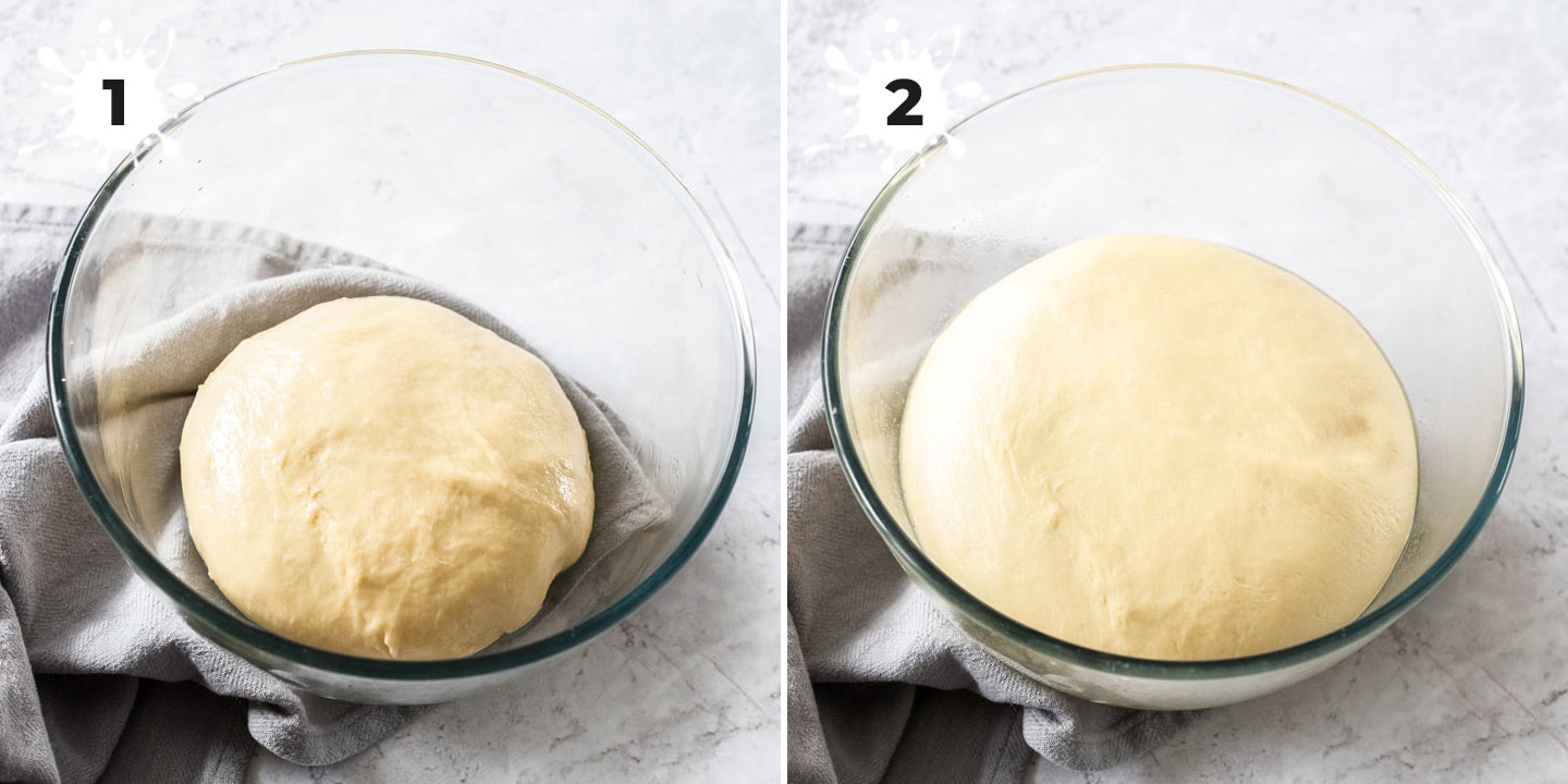 Dough in a bowl before and after rising.