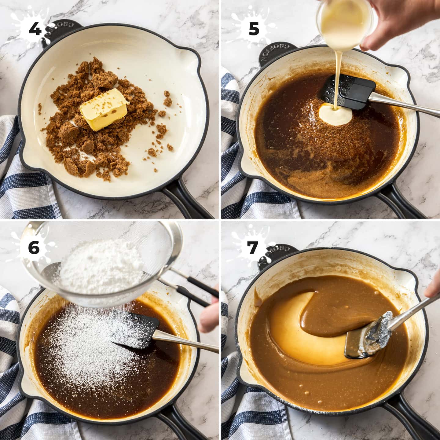 Making and stirring caramel icing in an enamel cast iron pan