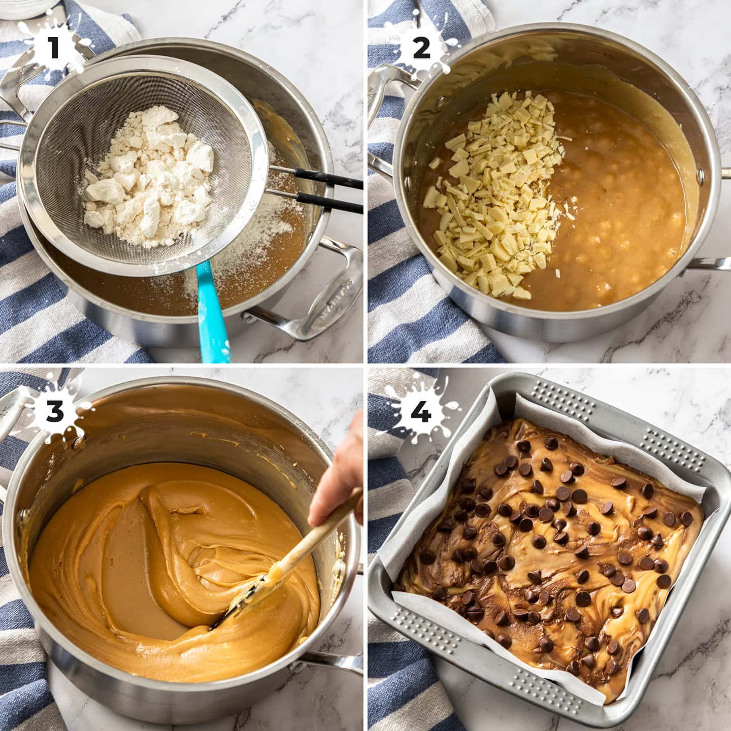 A saucepan in various images showing the process of making fudge