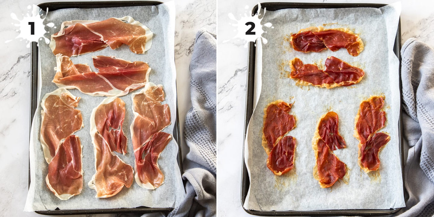 Slices of prosciutto on a baking tray