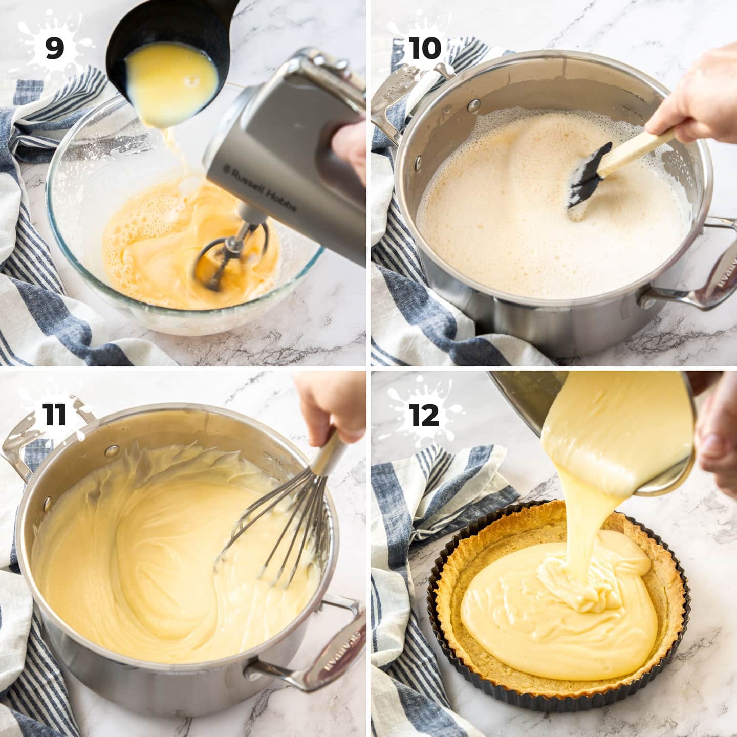 Mixing up creme patissiere in a saucepan, then pouring into a tart shell.