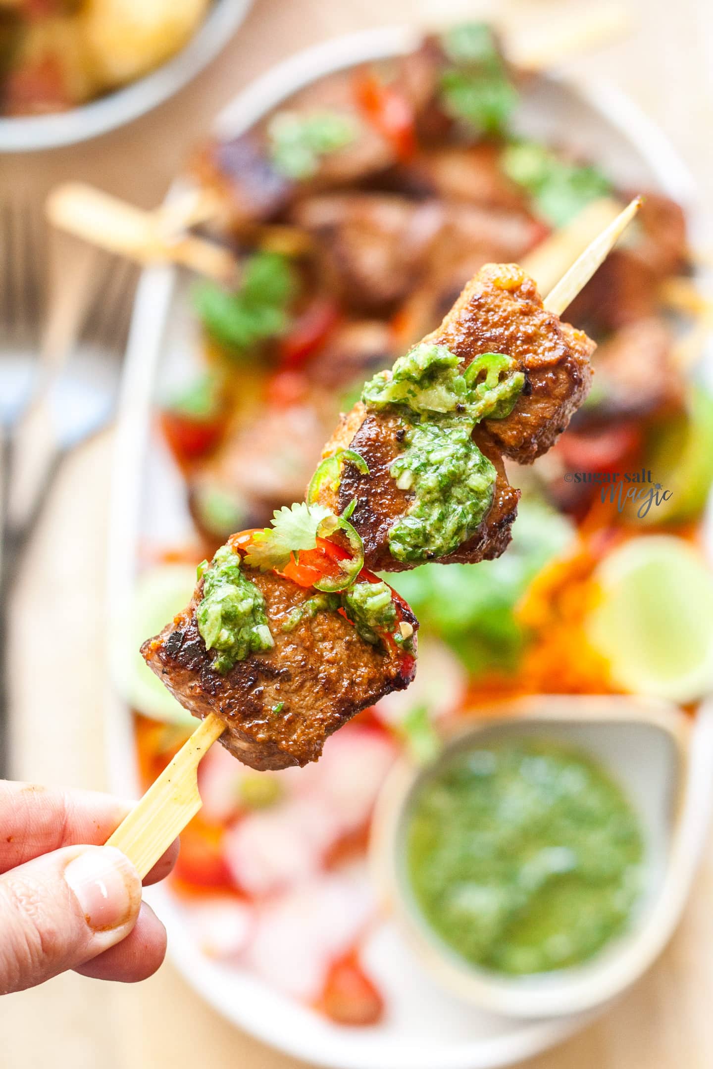 A beef shishkebab with green sauce on it.