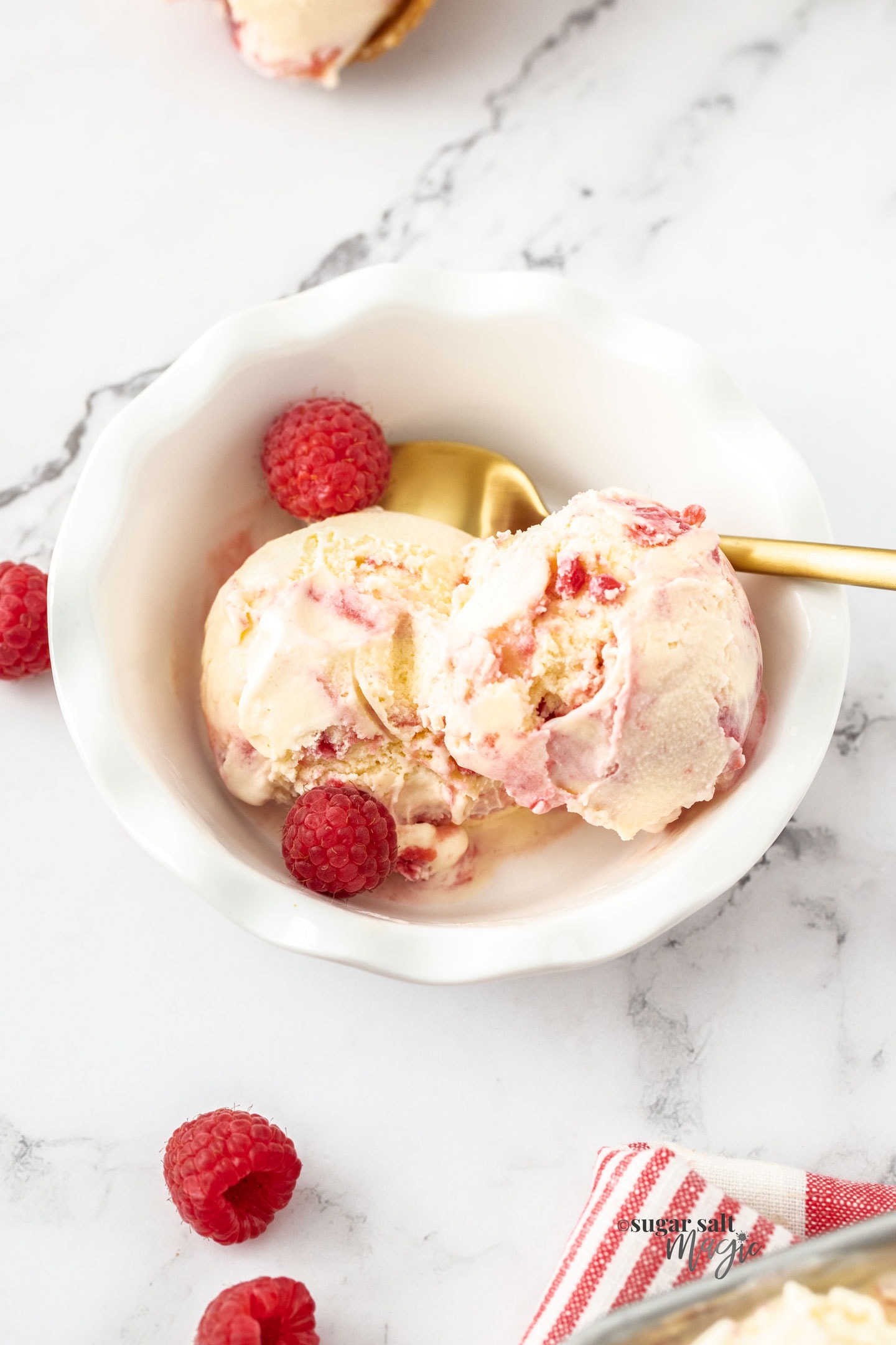 two scoops of raspberry ripple ice cream in a white bowl