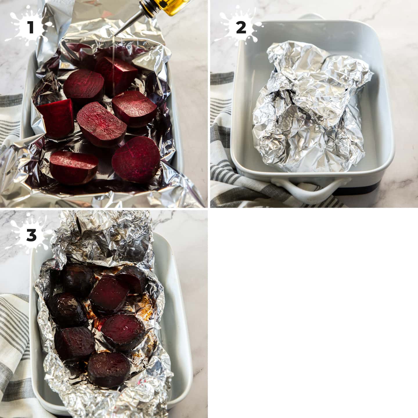 Beetroots in foil in a white casserole dish.