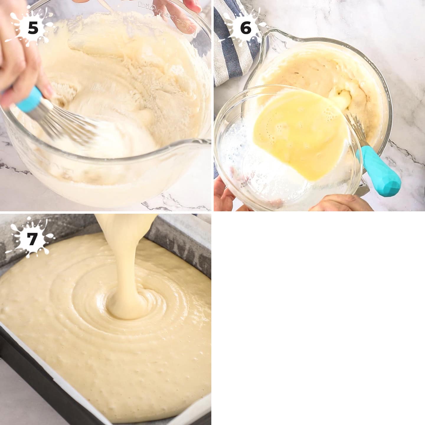 Cake batter being mixed in a glass bowl and poured into a cake tin.