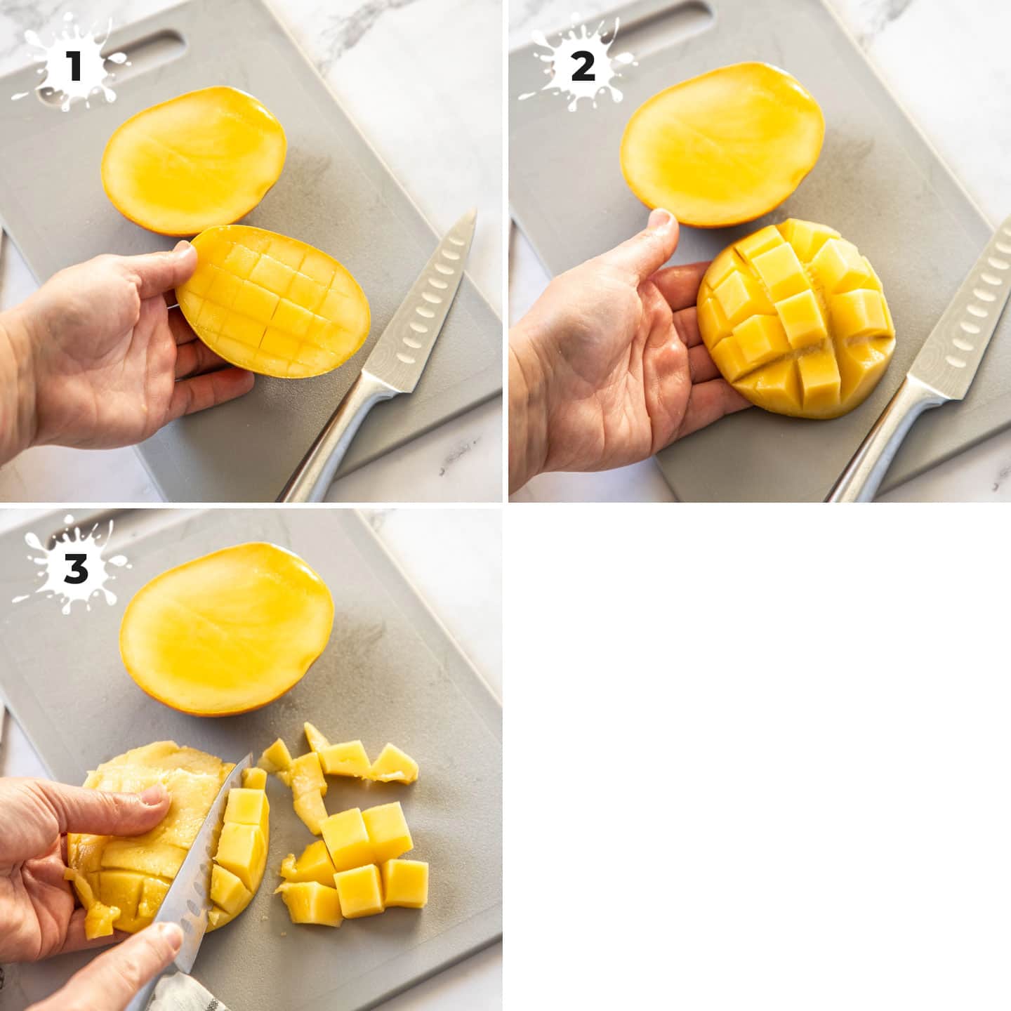 3 images showing how to cut cubes of mango from it's skin.