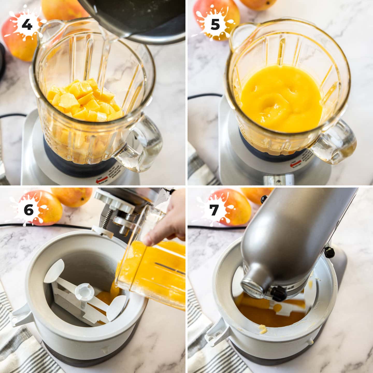 Blending mango puree in a blender, then adding it to an ice cream machine.