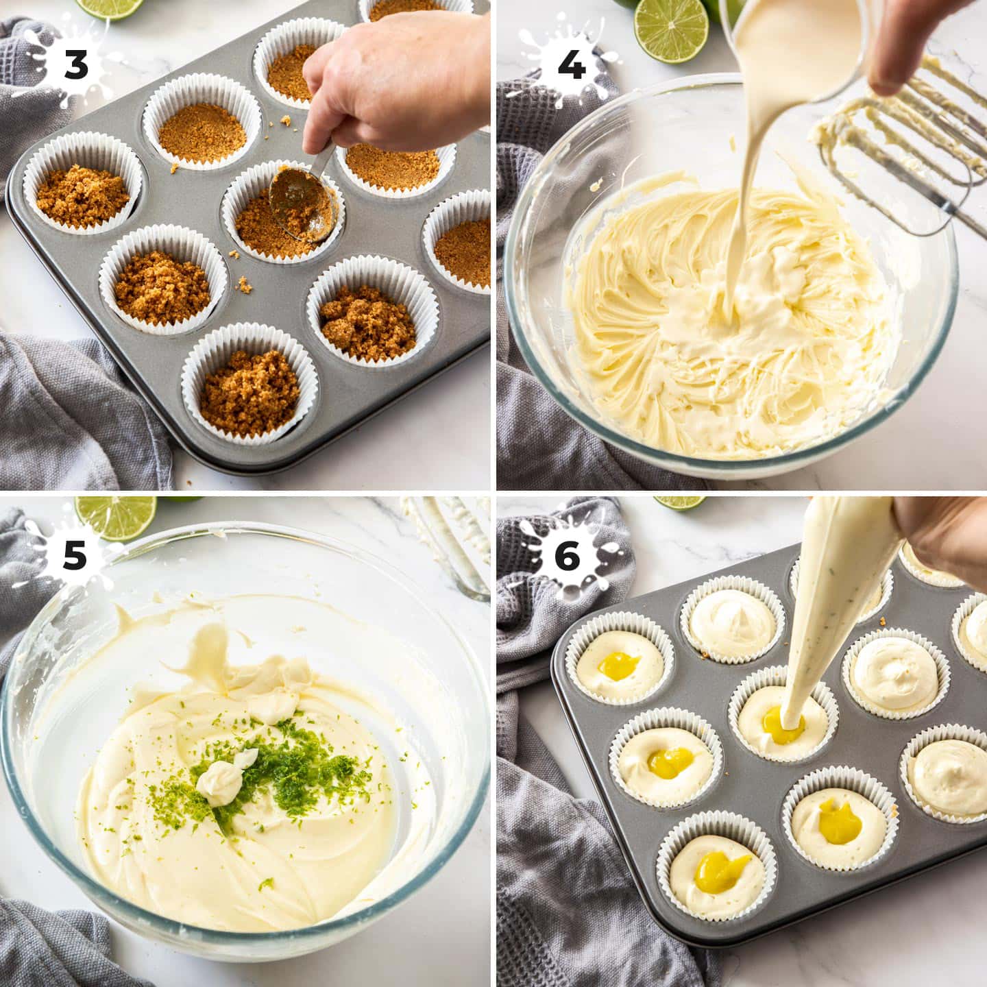 Collage of 4 images showing the making of cheesecake batter and piping into a muffin tin