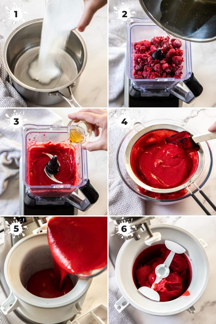 Images showing how to make raspberry sorbet with a blender and ice cream maker