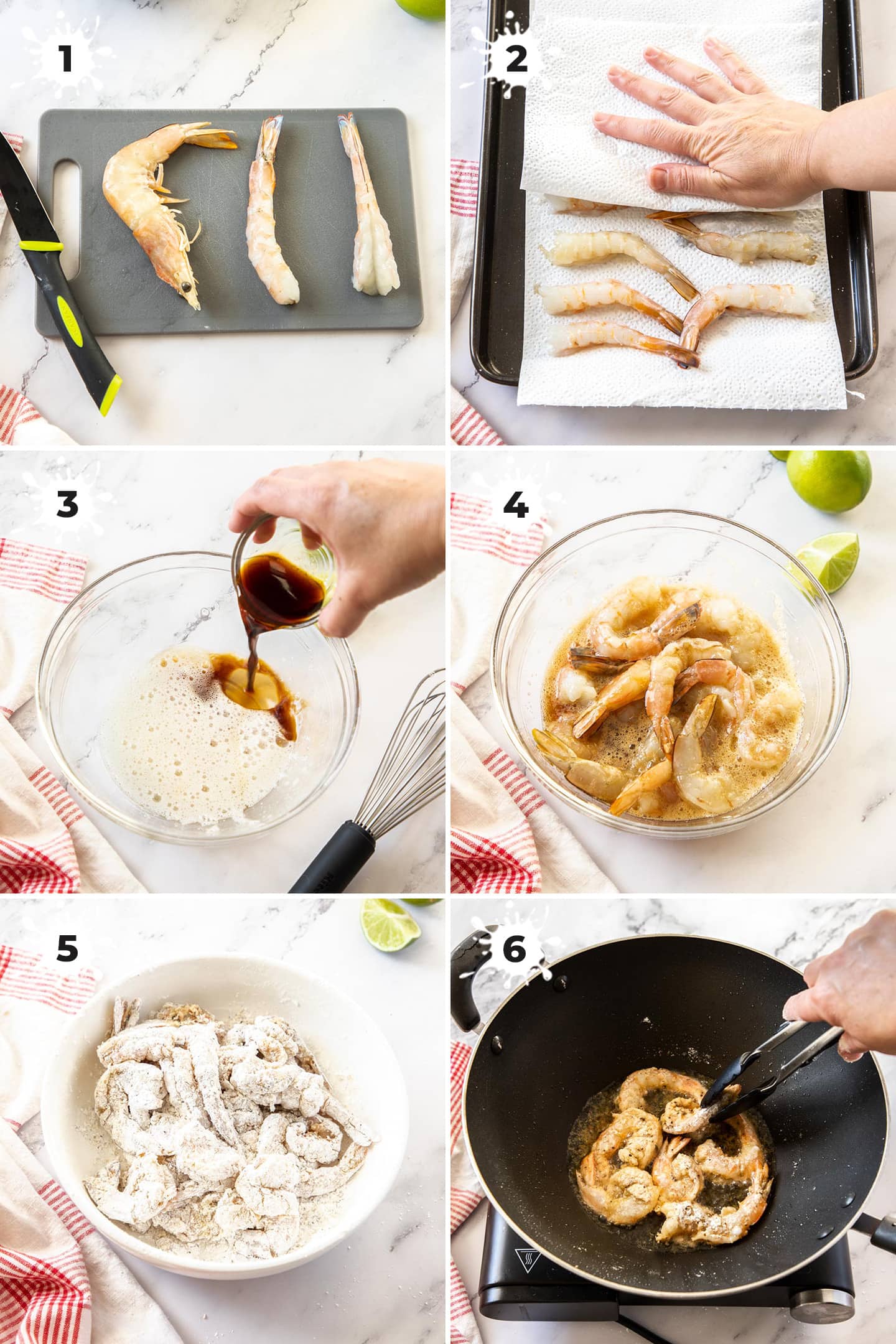 A collage of images showing steps to make salt and pepper prawns.