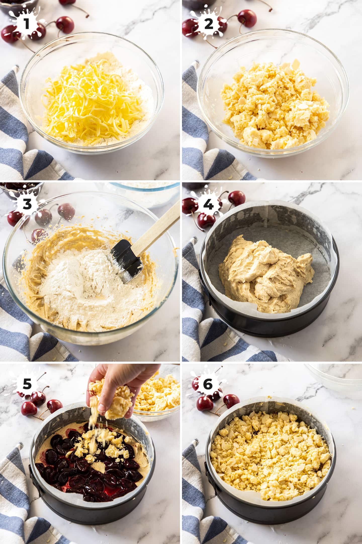 Images showing steps of making cherry cake.