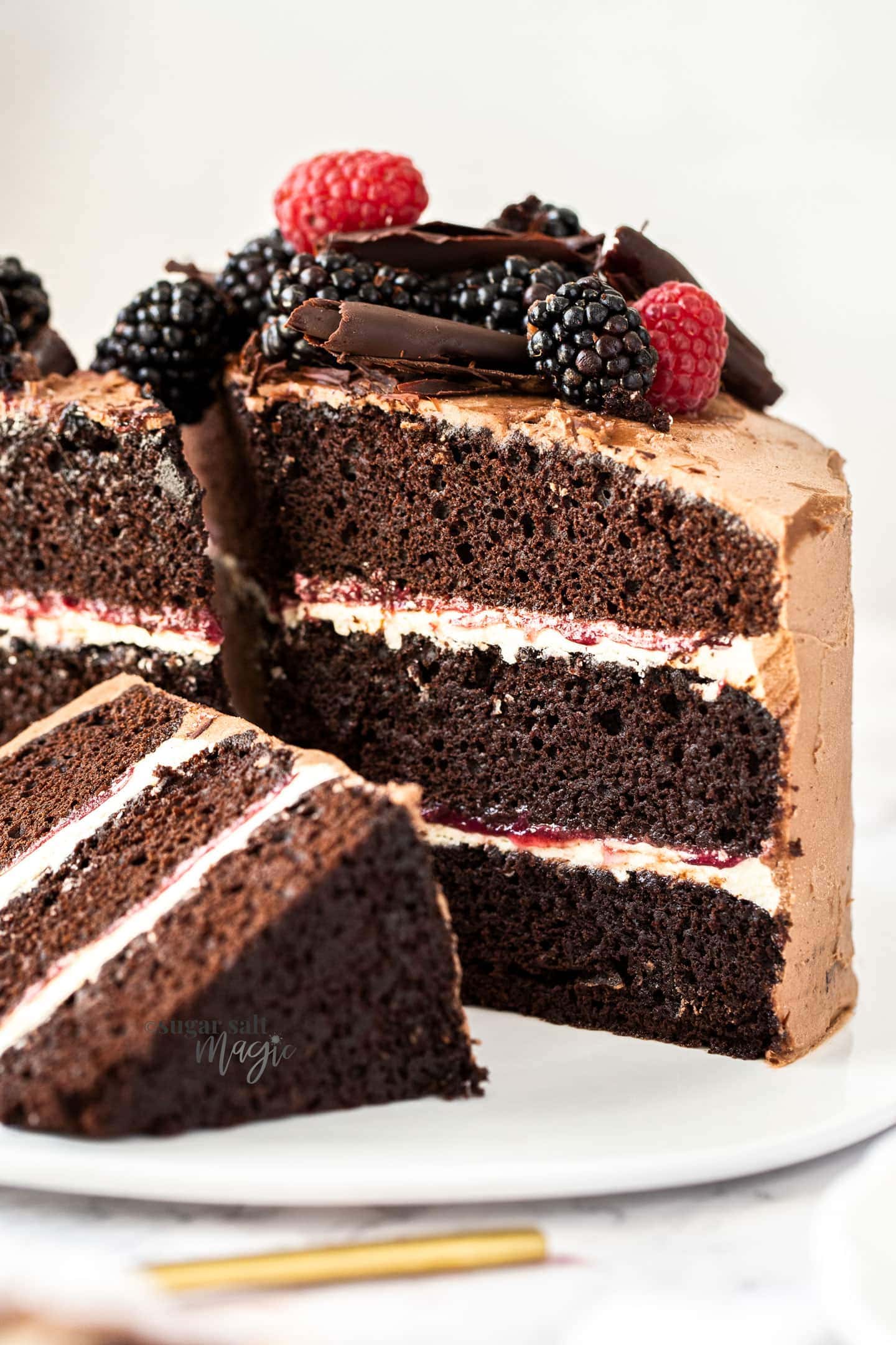 Closeup of the inside of a 3 layer chocolate cake