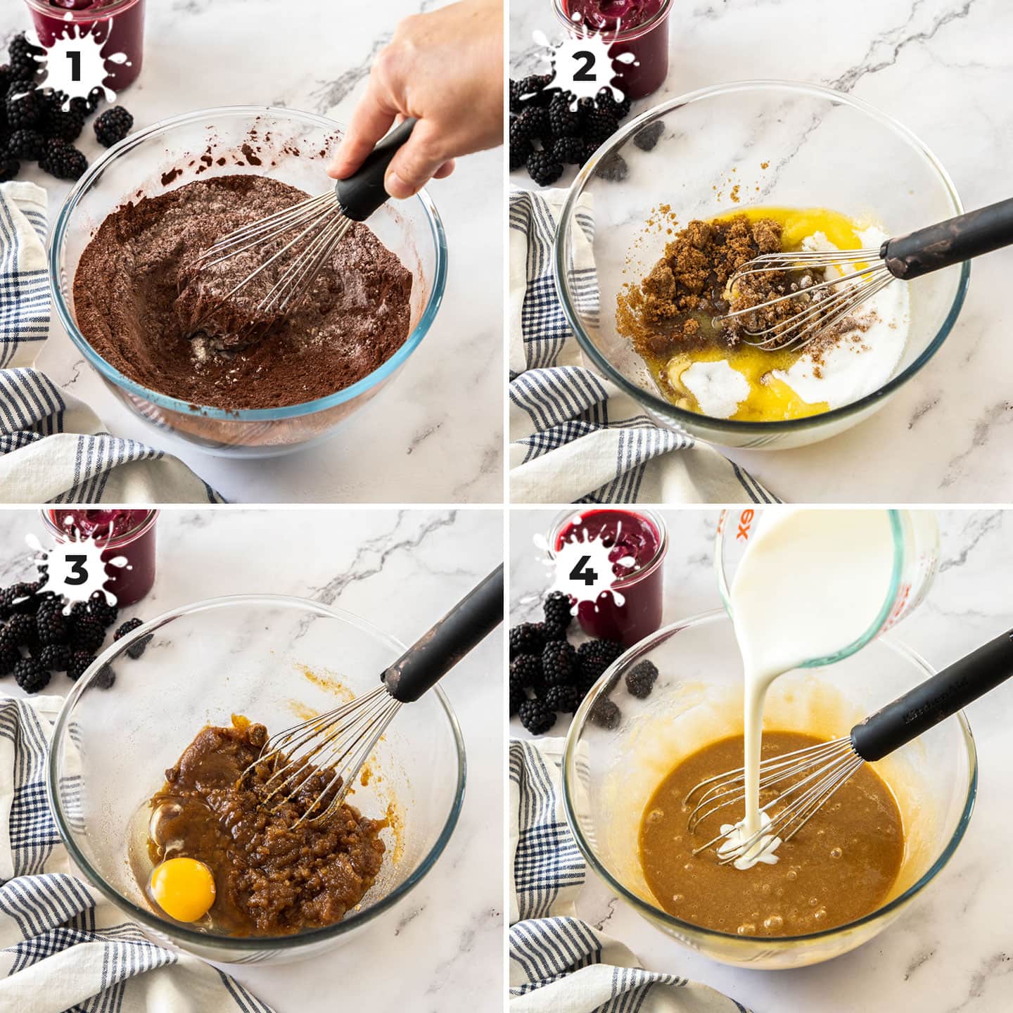 4 images showing the batter for chocolate cake