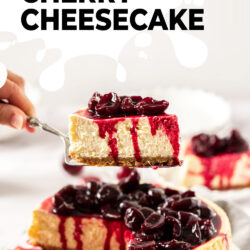 A slice of cherry cheesecake being held on a cake slice
