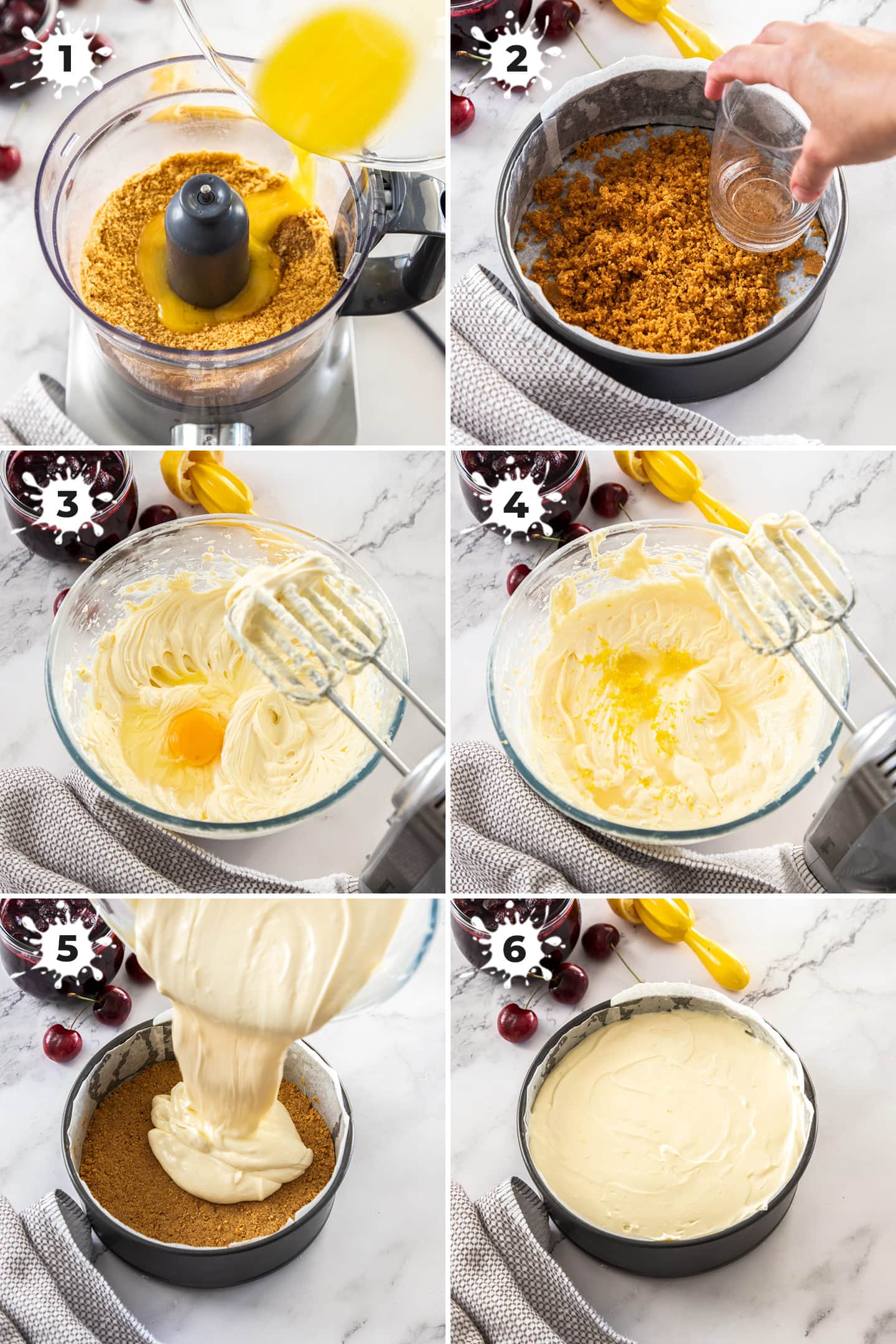 6 images showing the steps to making baked cheesecake.
