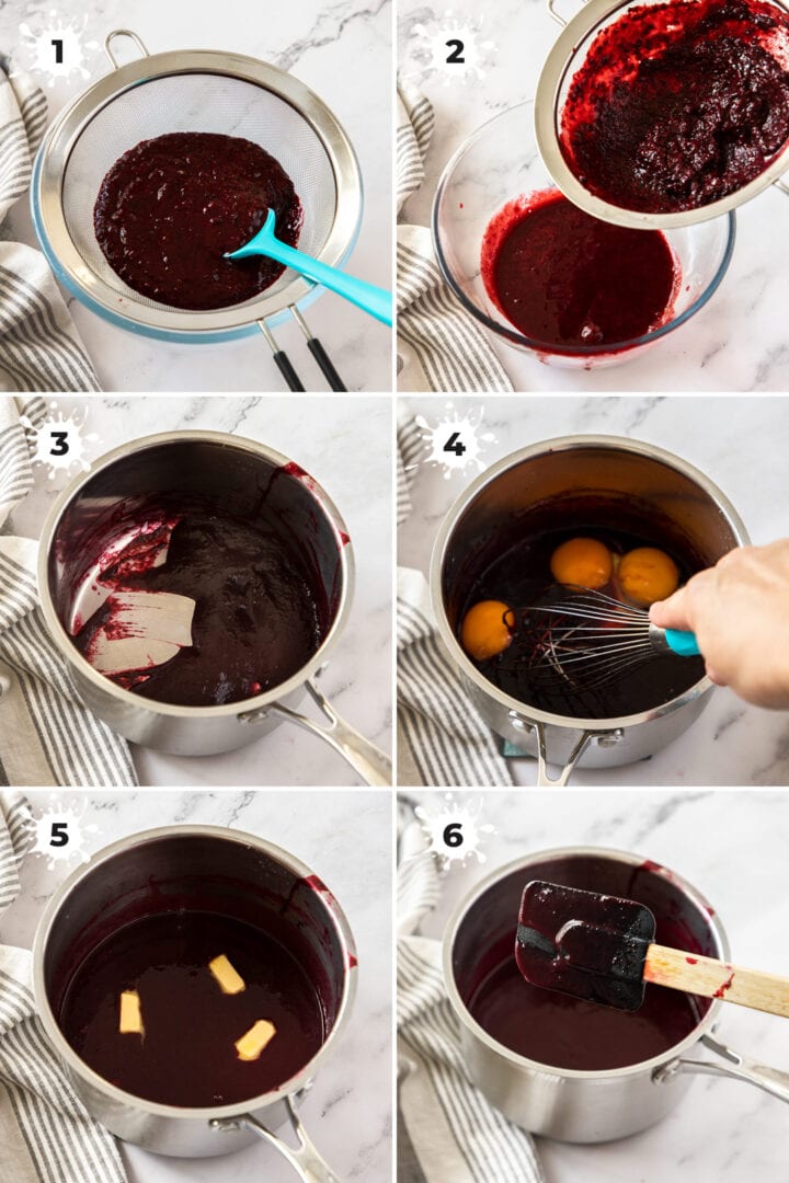 6 images showing the steps to making blackberry curd