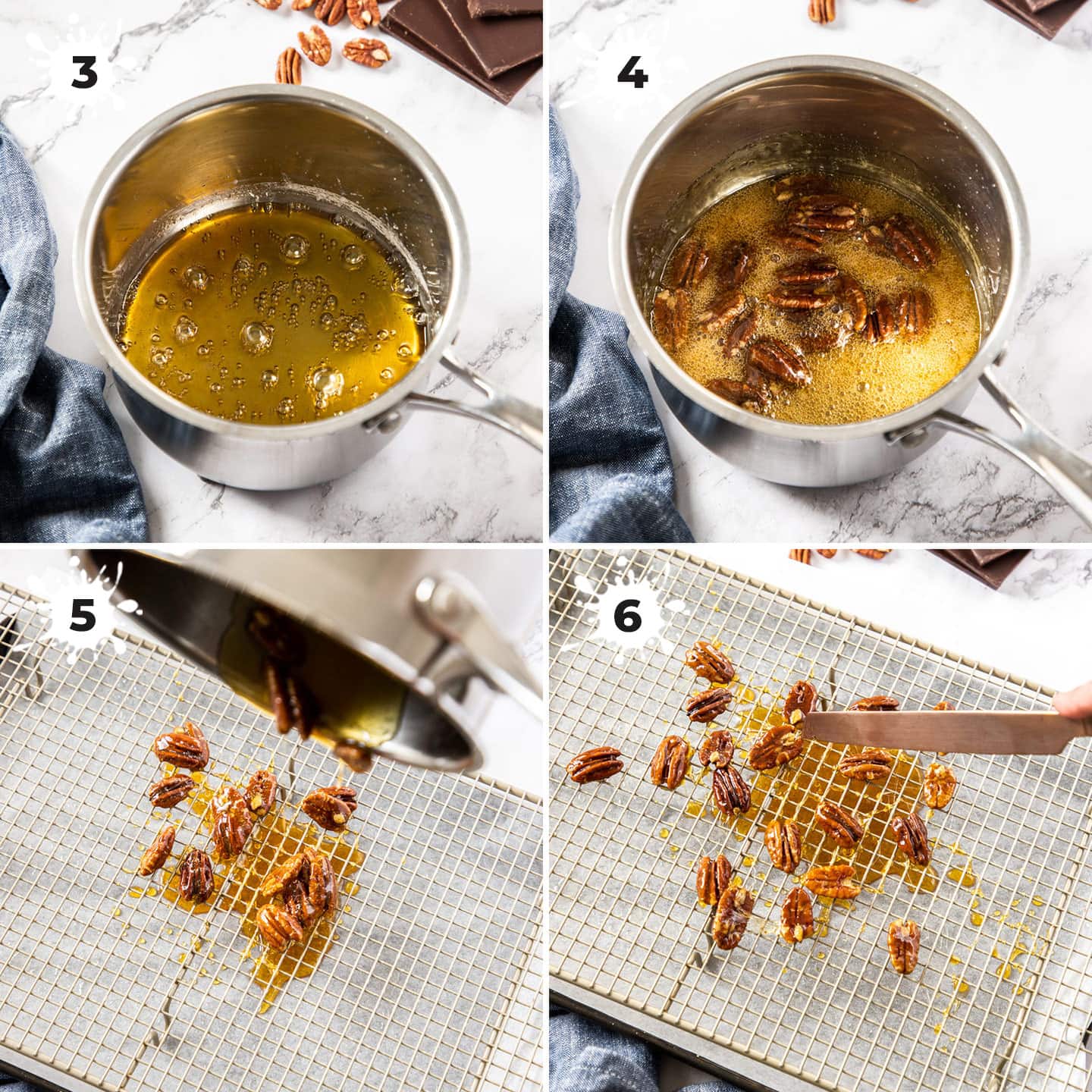 4 images showing pecans coated in caramel then resting on a wire rack