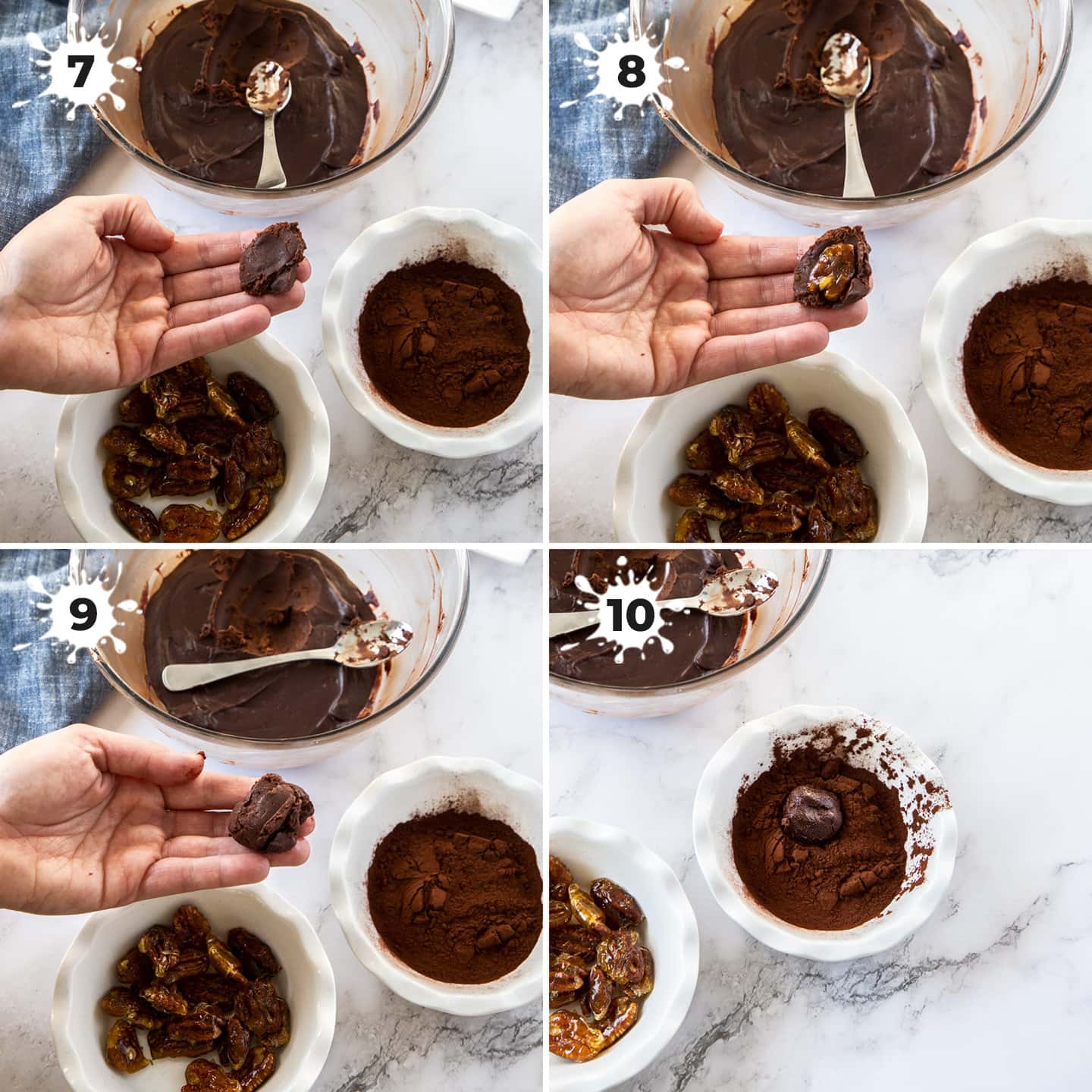 4 images showing a hand assembling a chocolate truffle