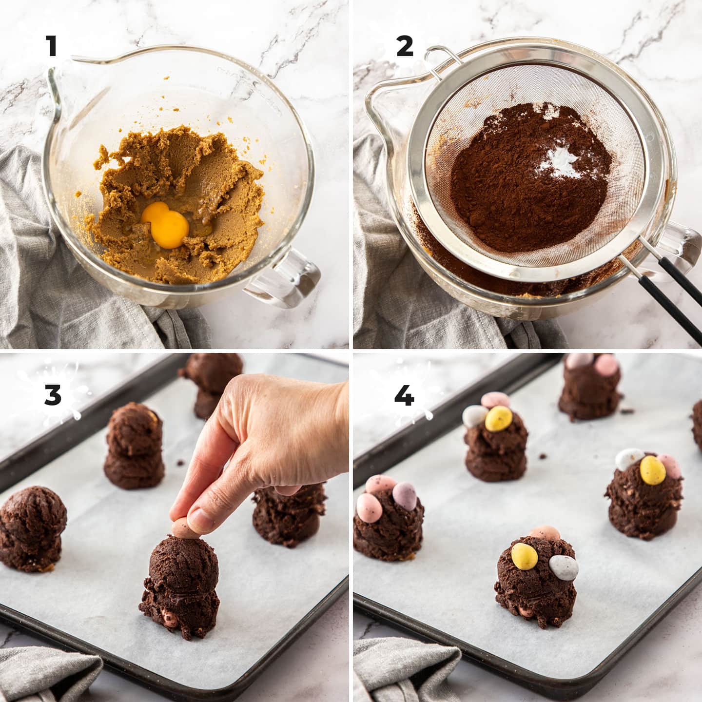 4 images showing putting together cookie dough.