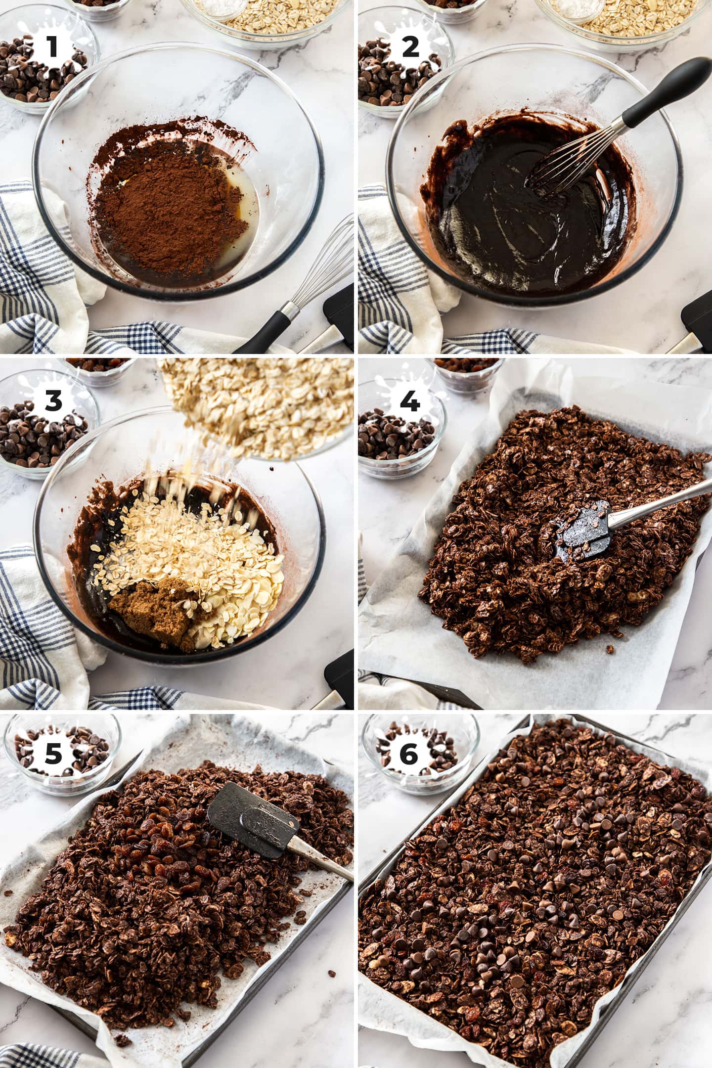 6 images showing how to make chocolate granola from scratch.