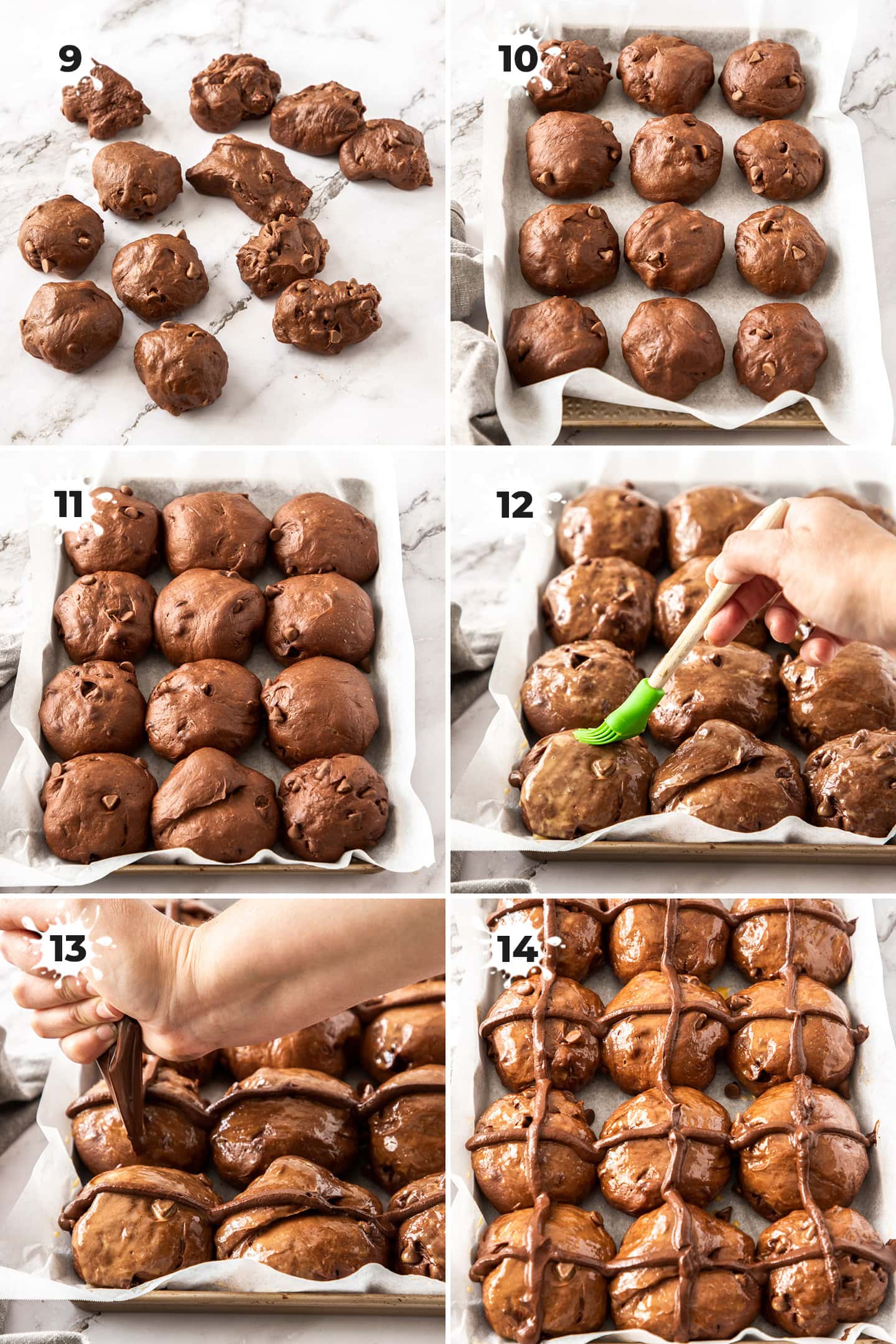 6 images showing the how to roll and proof hot cross buns.