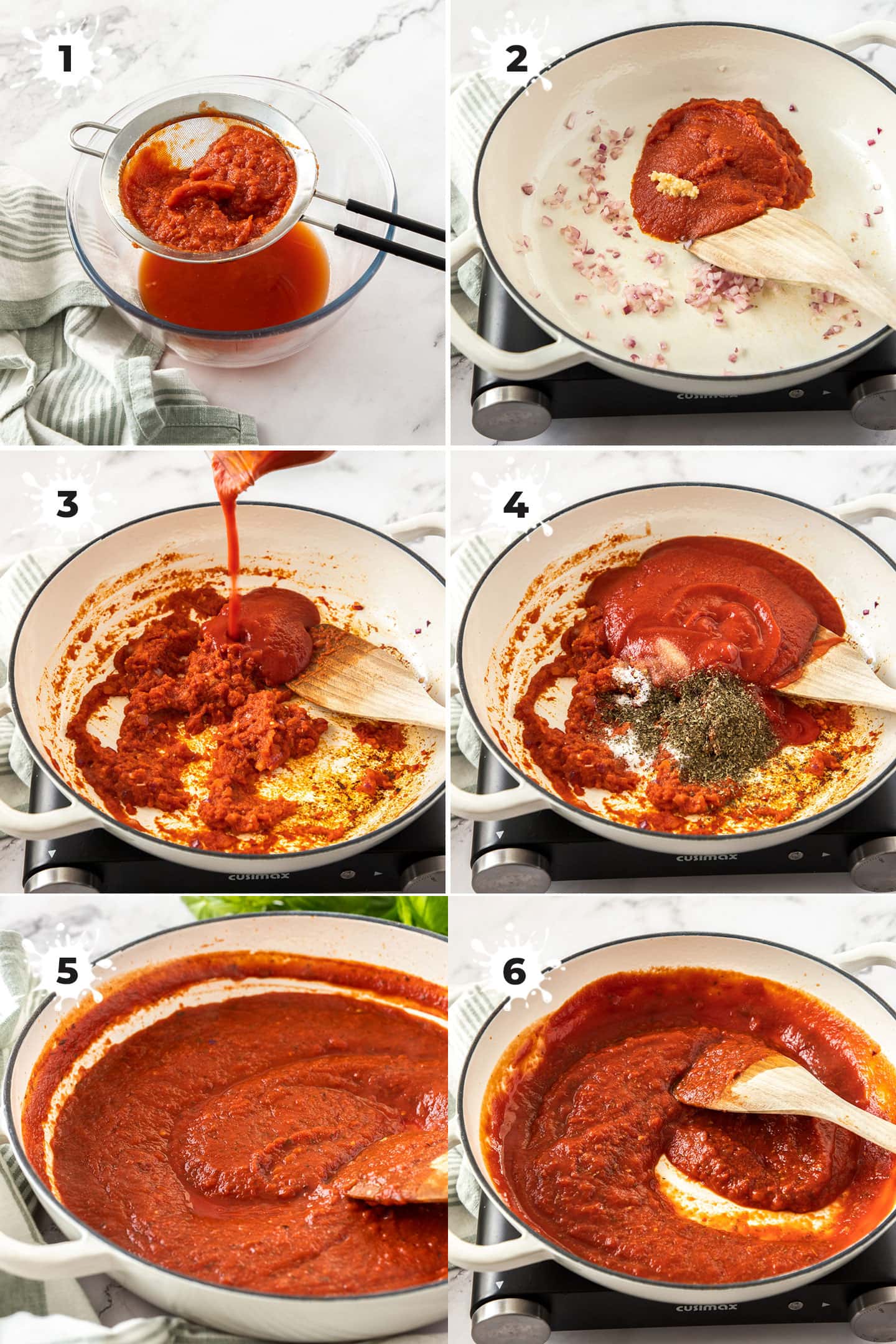 6 images showing how to make easy pasta sauce.