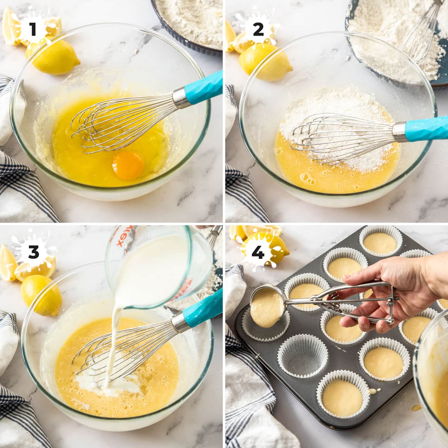 4 images showing steps to making lemon cupcake batter.