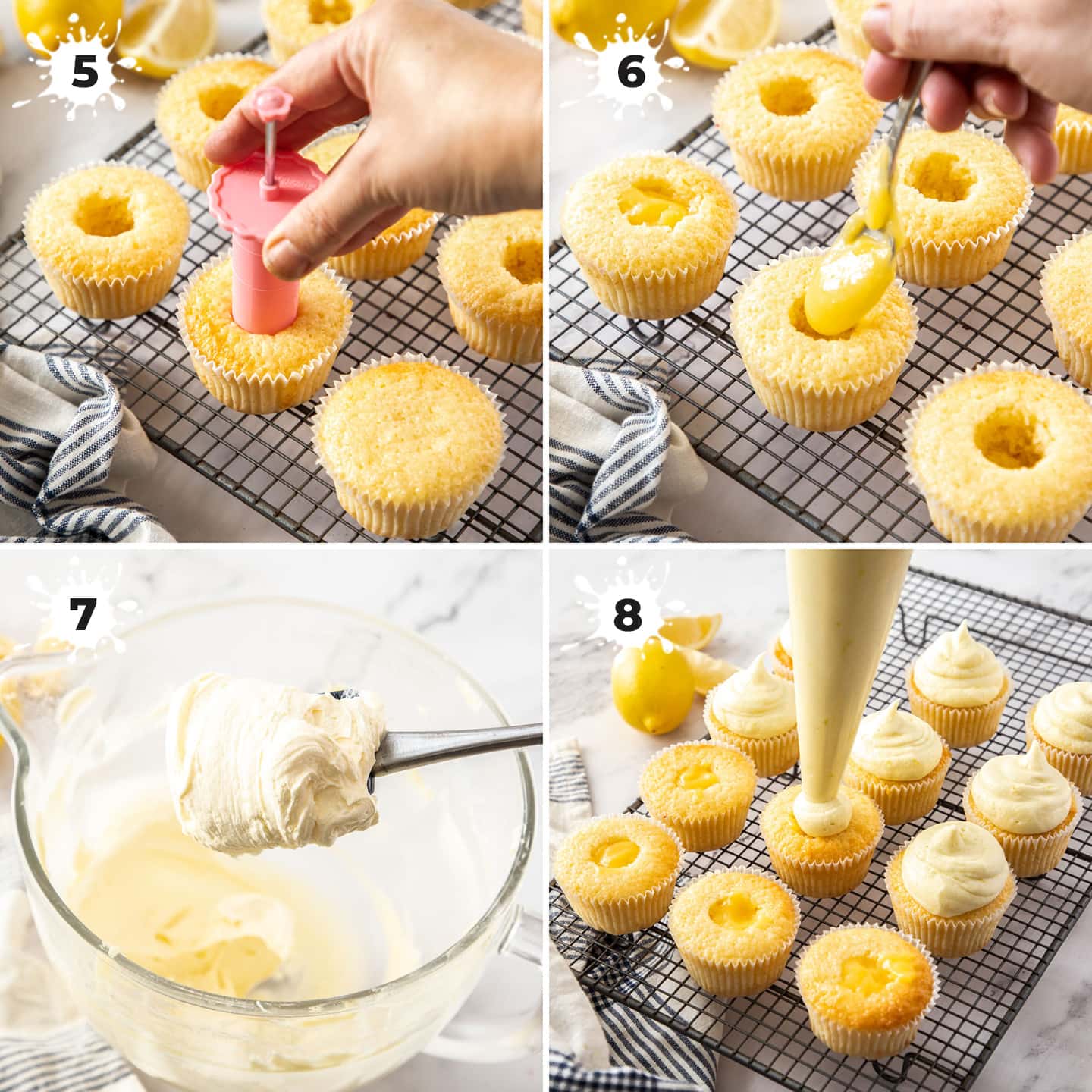 4 images showing the filling and assembling of the lemon cupcakes.