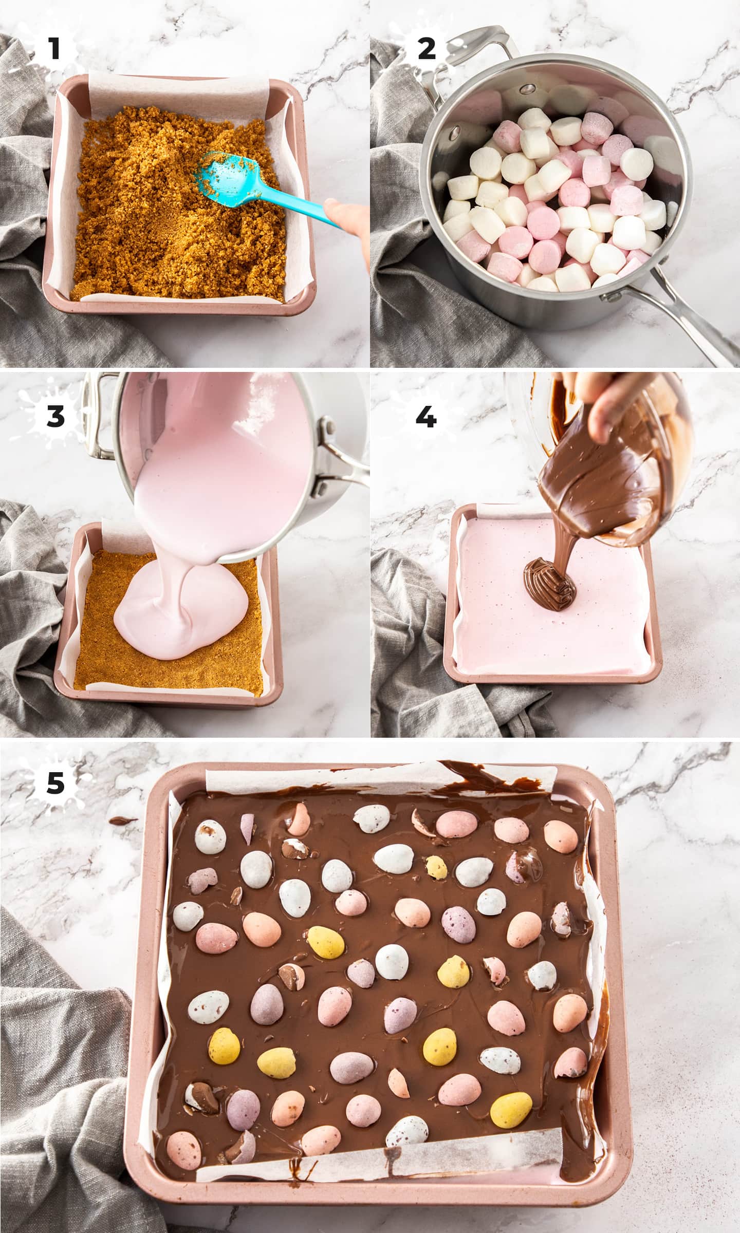 5 images showing how to make easter egg slice.