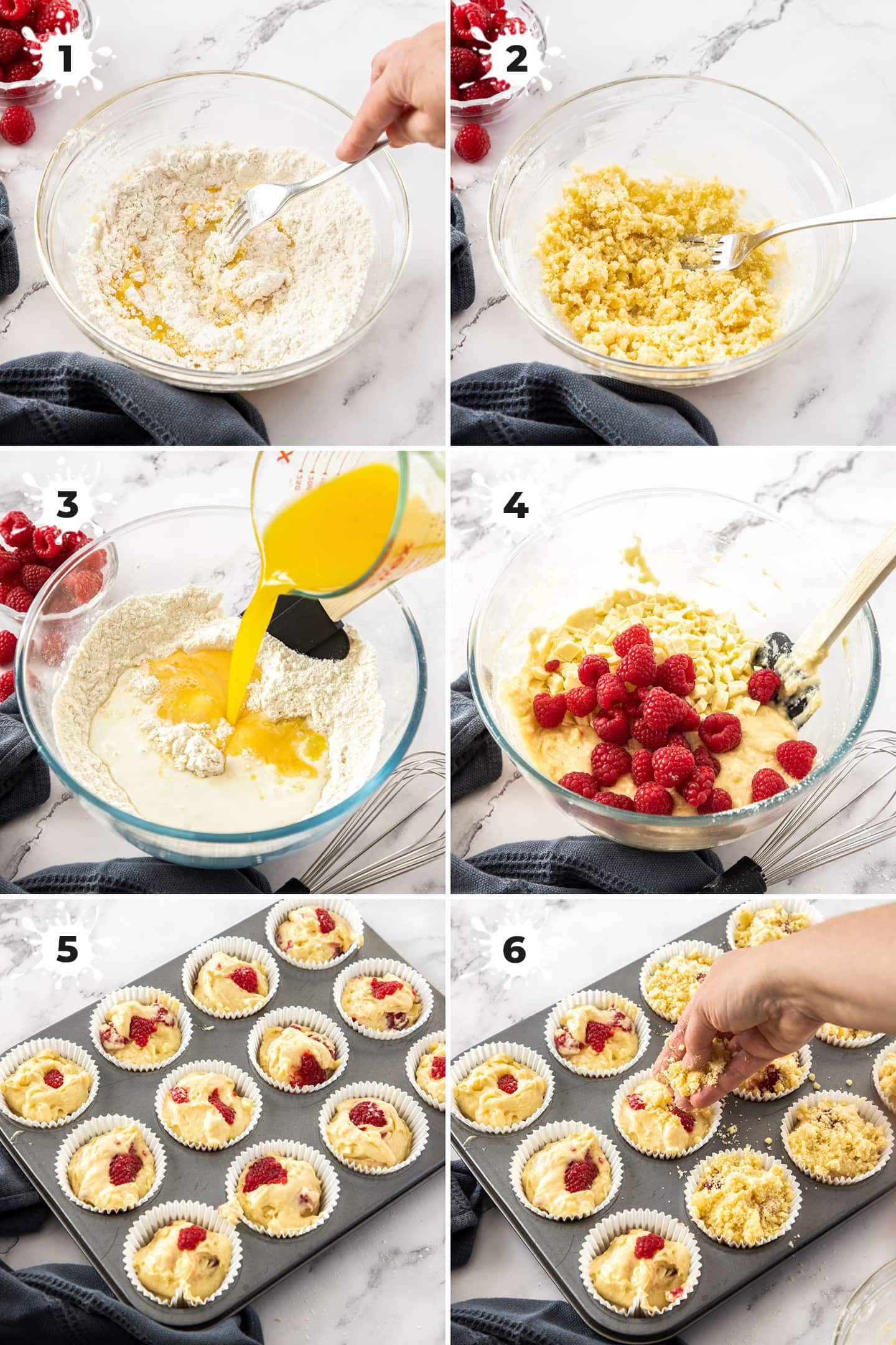 6 images showing how to make raspberry white chocolate muffins.