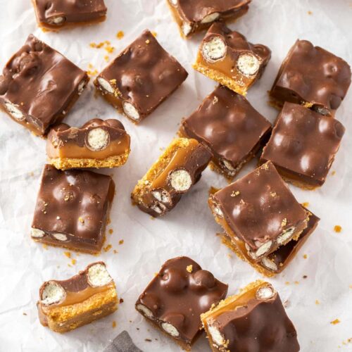 A batch of caramel filled chocolate bars.