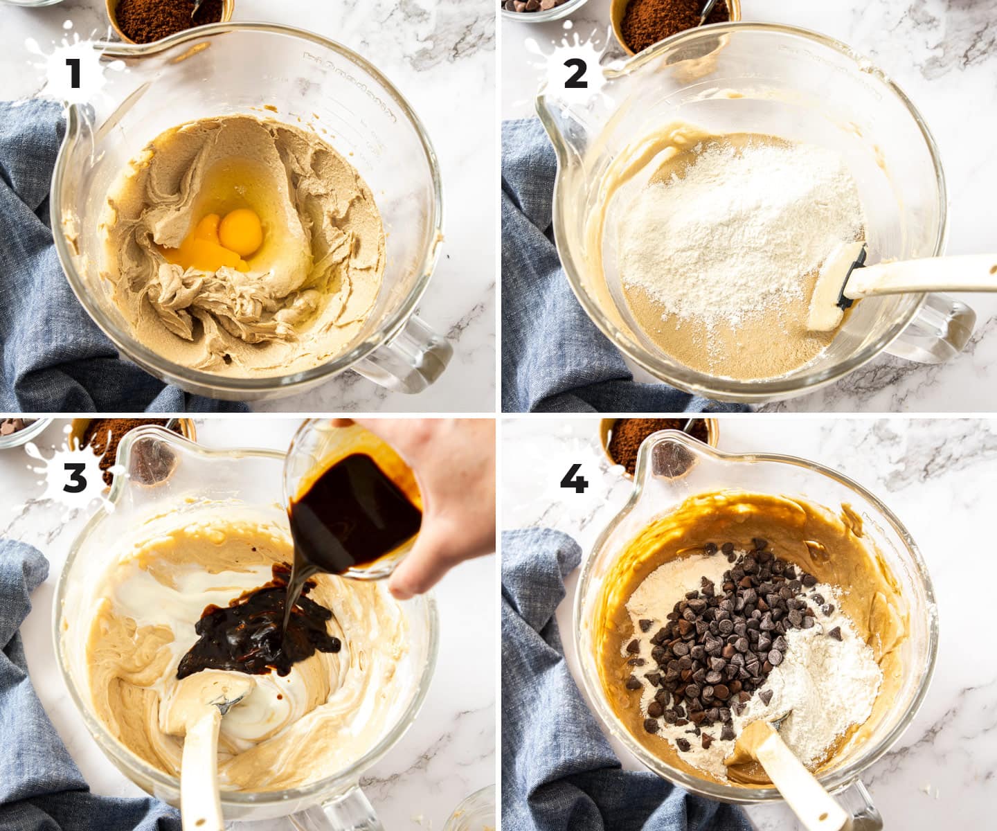 Images showing batter for coffee bundt cake in a mixing bowl.