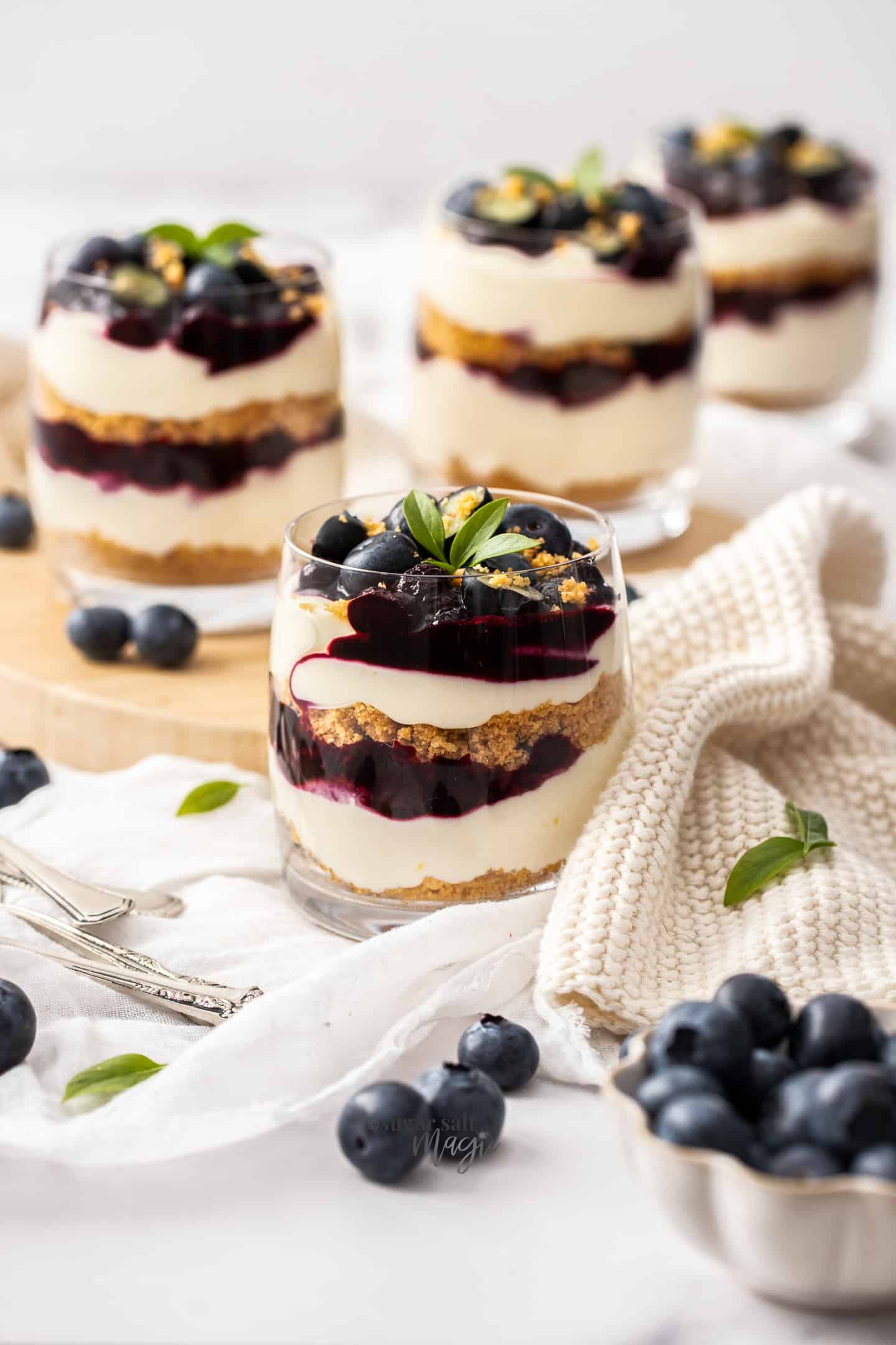 Closeup of a glass filled with layers of cookie, cheesecake and blueberry topping.