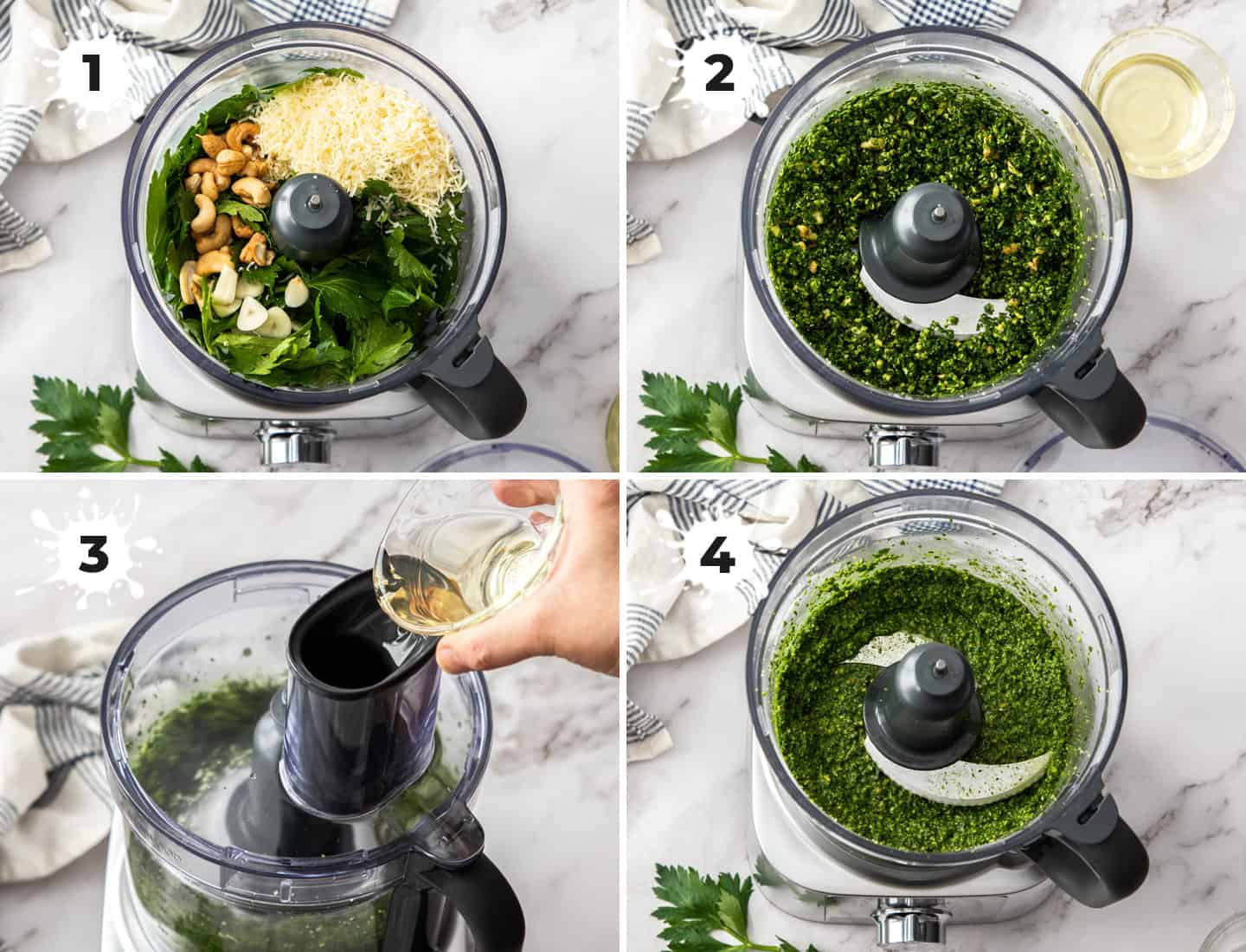 A collage of 4 images showing the stages of making celery leaf pesto.