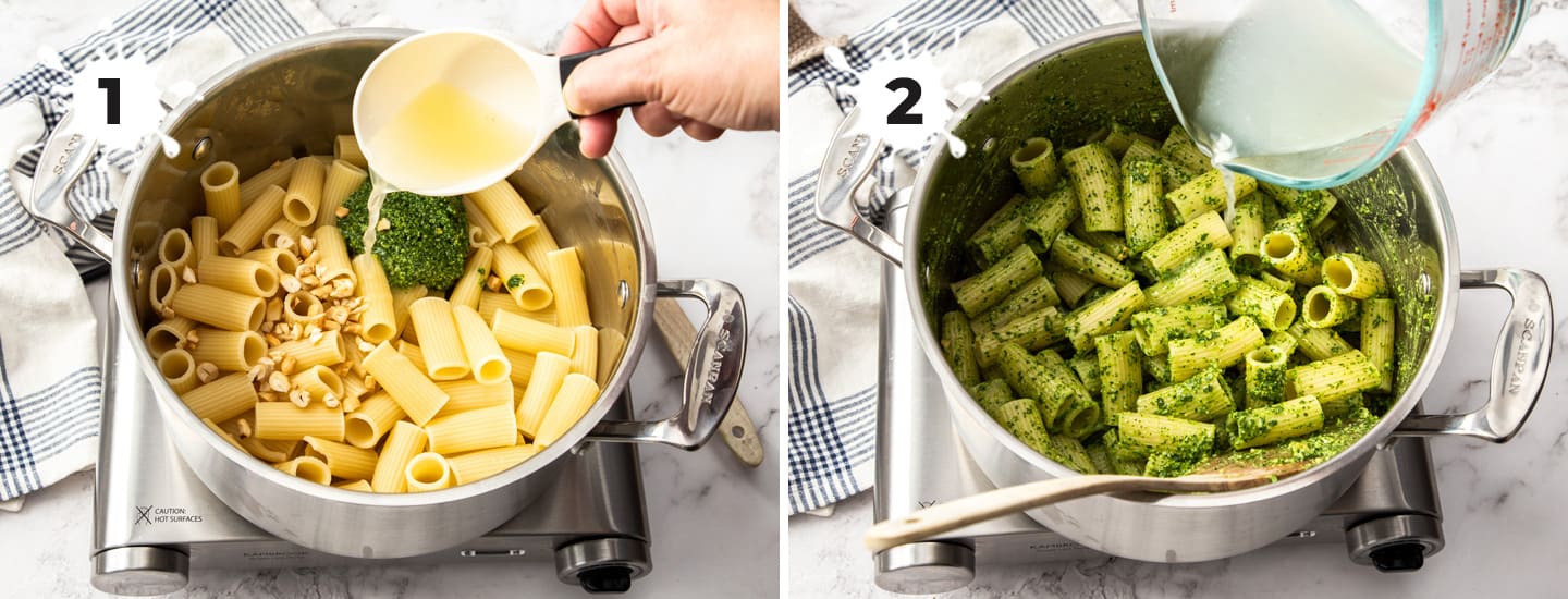 Pasta in a saucepan with pesto and lemon juice being added.